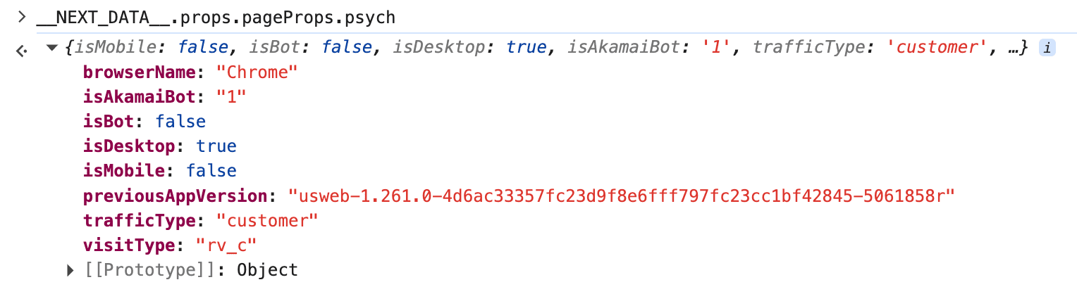This is Walmart's psych classifier on a live product page. isAkamaiBot: "1" shows Akamai's bot signal fired on this session, but trafficType: "customer" is the label Walmart's downstream logic chose, and the product JSON was served normally. The scraper does not try to avoid Akamai detection. The goal is classification as customer traffic. Matching Chrome's TLS handshake with curl_cffi typically produces this classification on the first request.