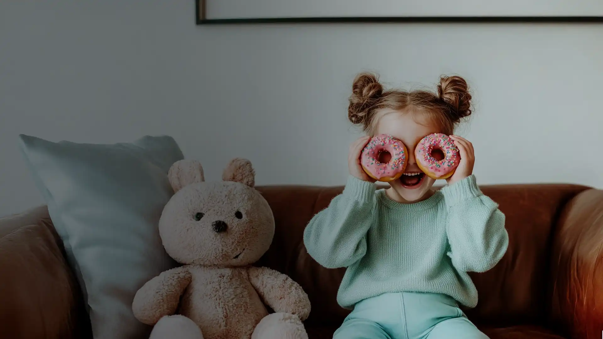 A joyful child sitting on a couch, holding pink frosted donuts over their eyes, symbolizing fun, warmth, and the welcoming nature of United Nannies’ family registration process.