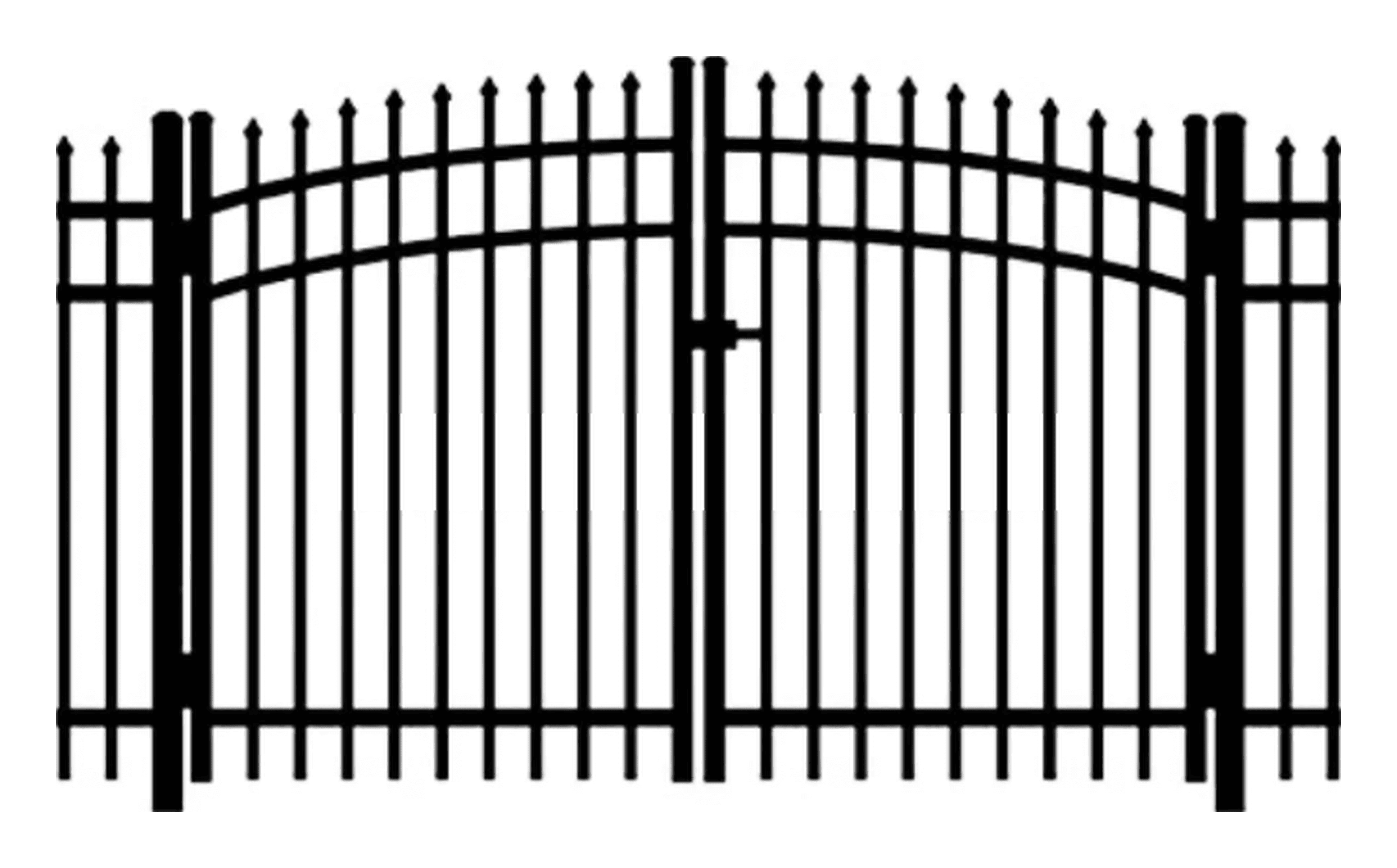 Black-and-white illustration of an arched aluminum double drive gate with exposed spear-top pickets.