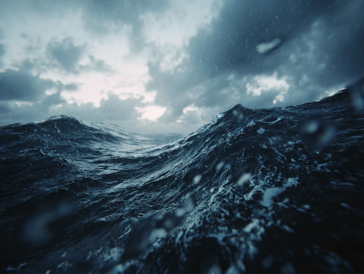 Dramatic ocean waves under a cloudy sky. The ocean is dark and turbulent, with raindrops visible.