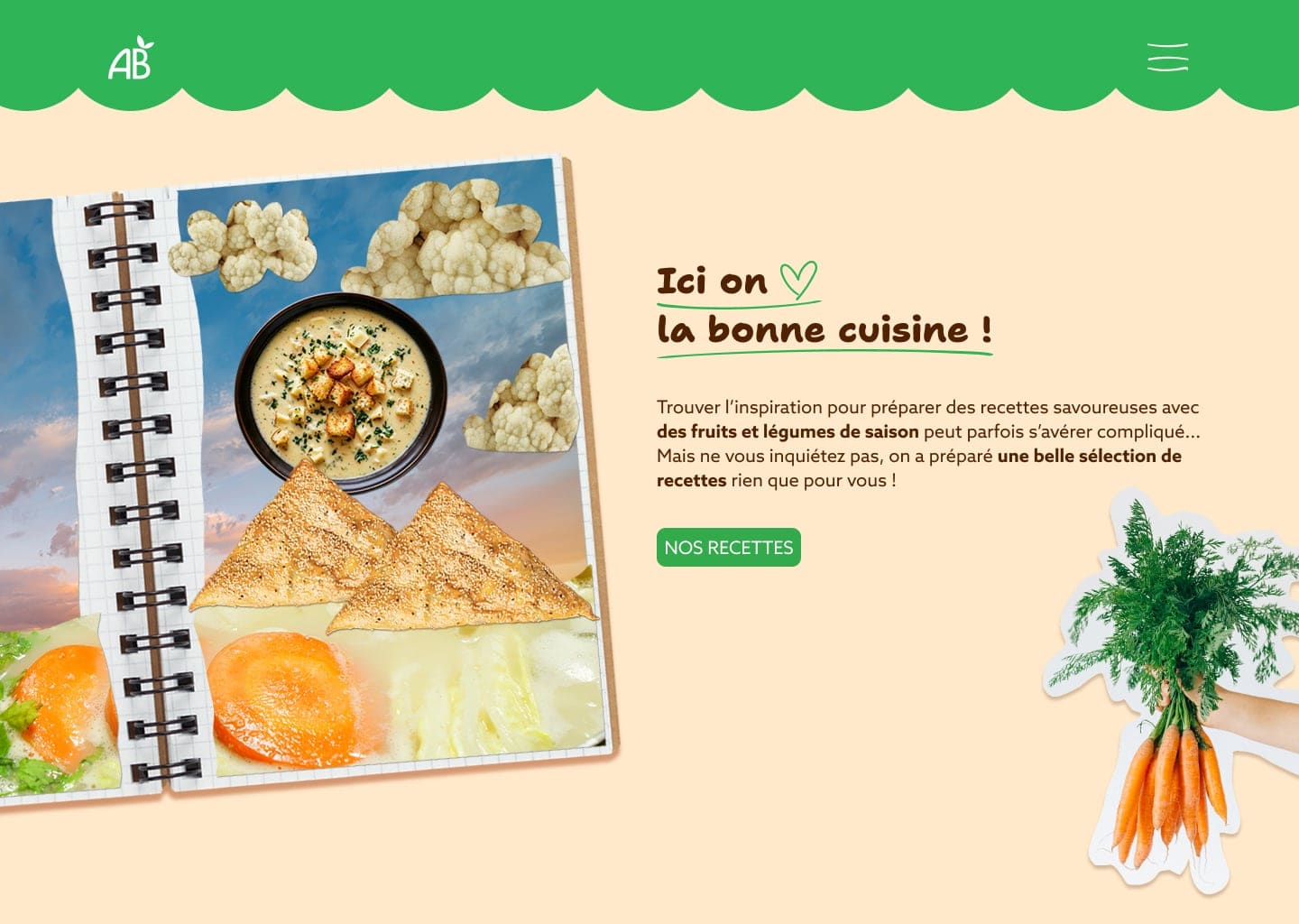 Section du site "ici on aime la bonne cuisine", avec un carnet montrant un collage fait de différents aliments.