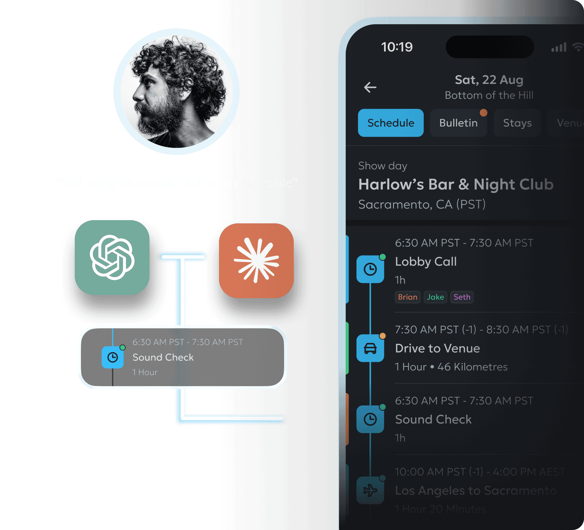 The DaySync tour management web app, showing the detailed 