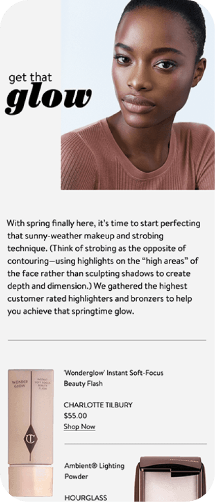 Woman with glowing skin showcasing spring makeup techniques with Nordstrom beauty products including highlighters and bronzers