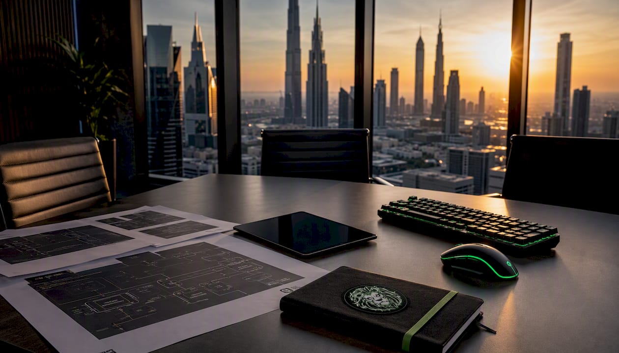 UAE office with gaming API development materials on table