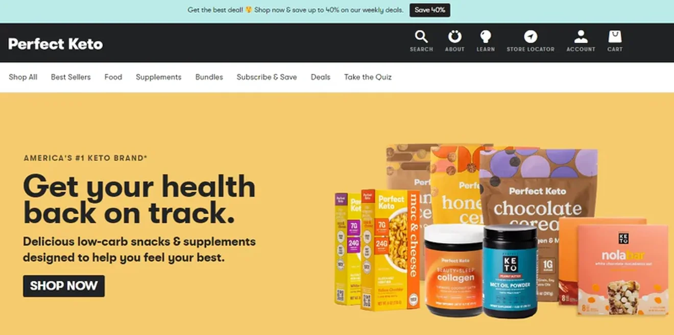 Perfect Keto turquoise hello bar advertising weekly deals with up to 40% savings