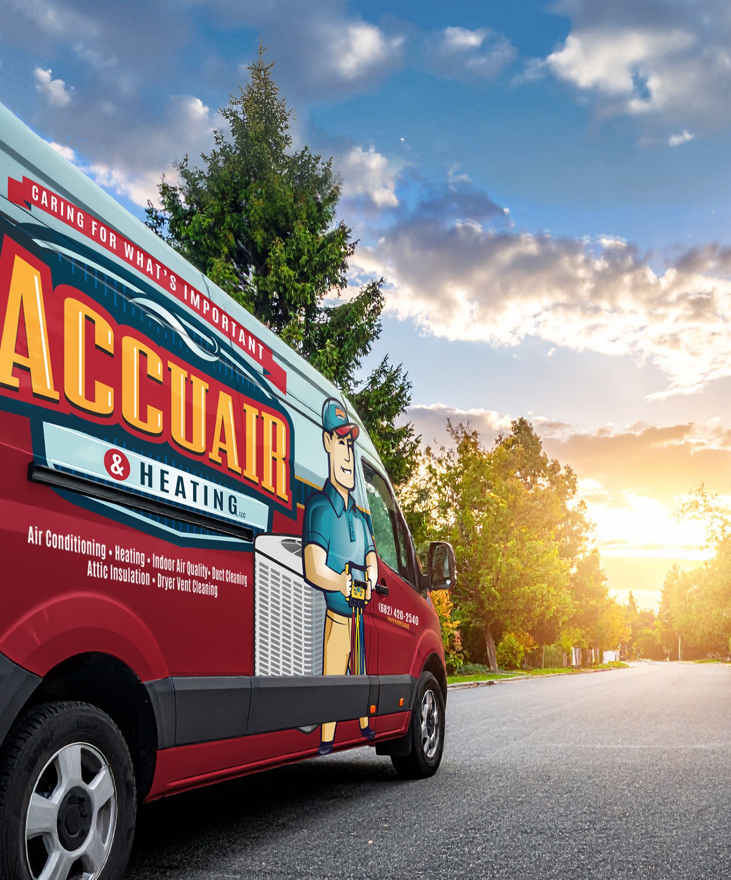 Branded HVAC van driving through neighbourhood