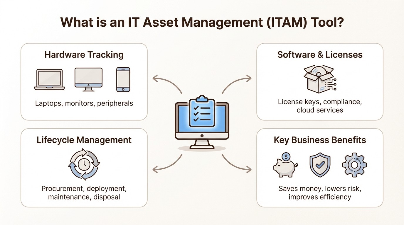 An infographic explaining the core functions of an ITAM tool, a great Snipe-IT alternative for businesses.