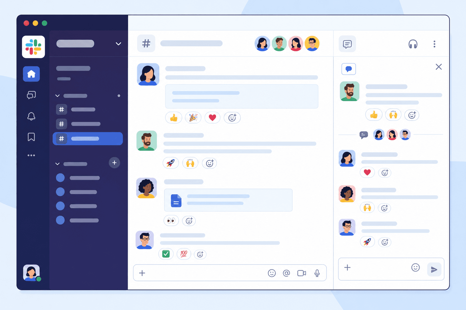 Clean flat illustration of a Slack workspace interface showing organized channels, threads, and emoji reactions. Professional team communication visualization with message bubbles, thread indicators, and reaction icons. Soft blue and white color palette, modern minimal style, no text in the image.