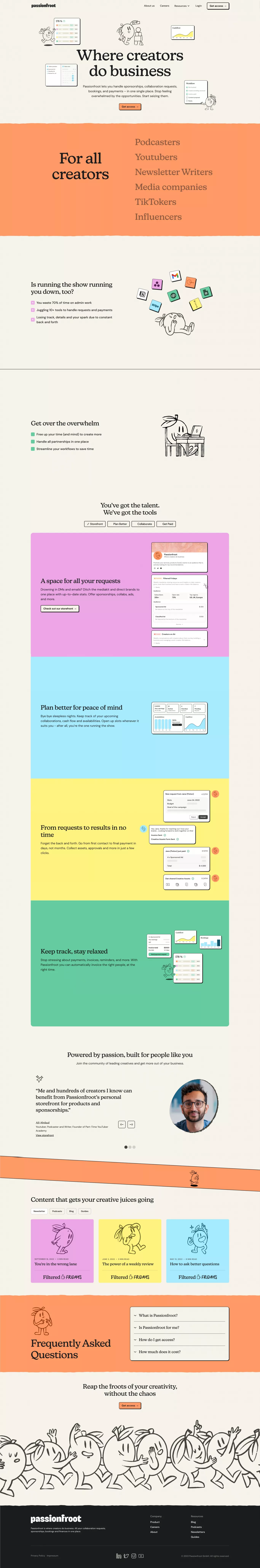 Passionfroot landing page screenshot showcasing Tech and Marketing design