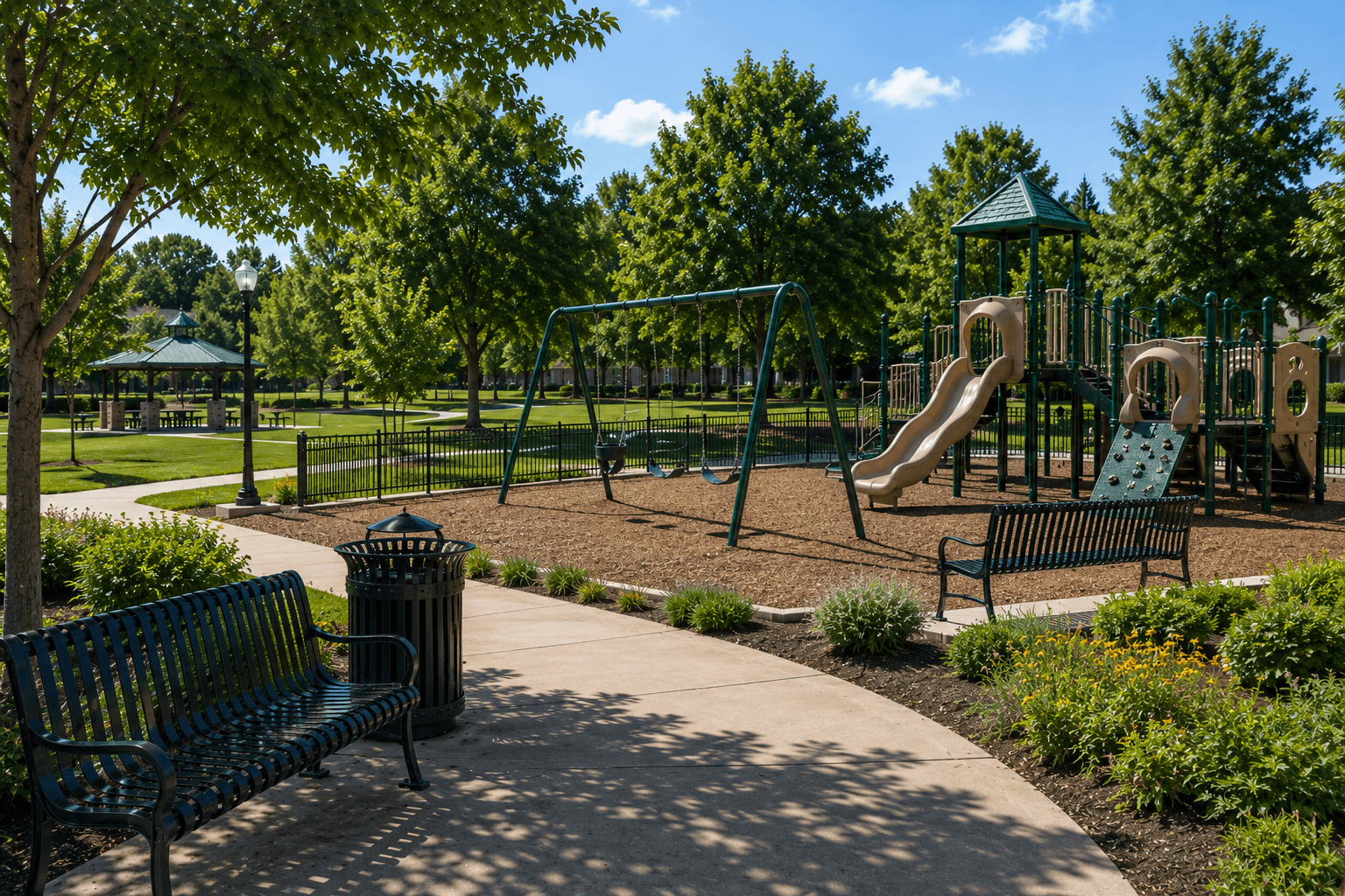 Public park with freshly painted playground equipment, swings, benches, and recreation features