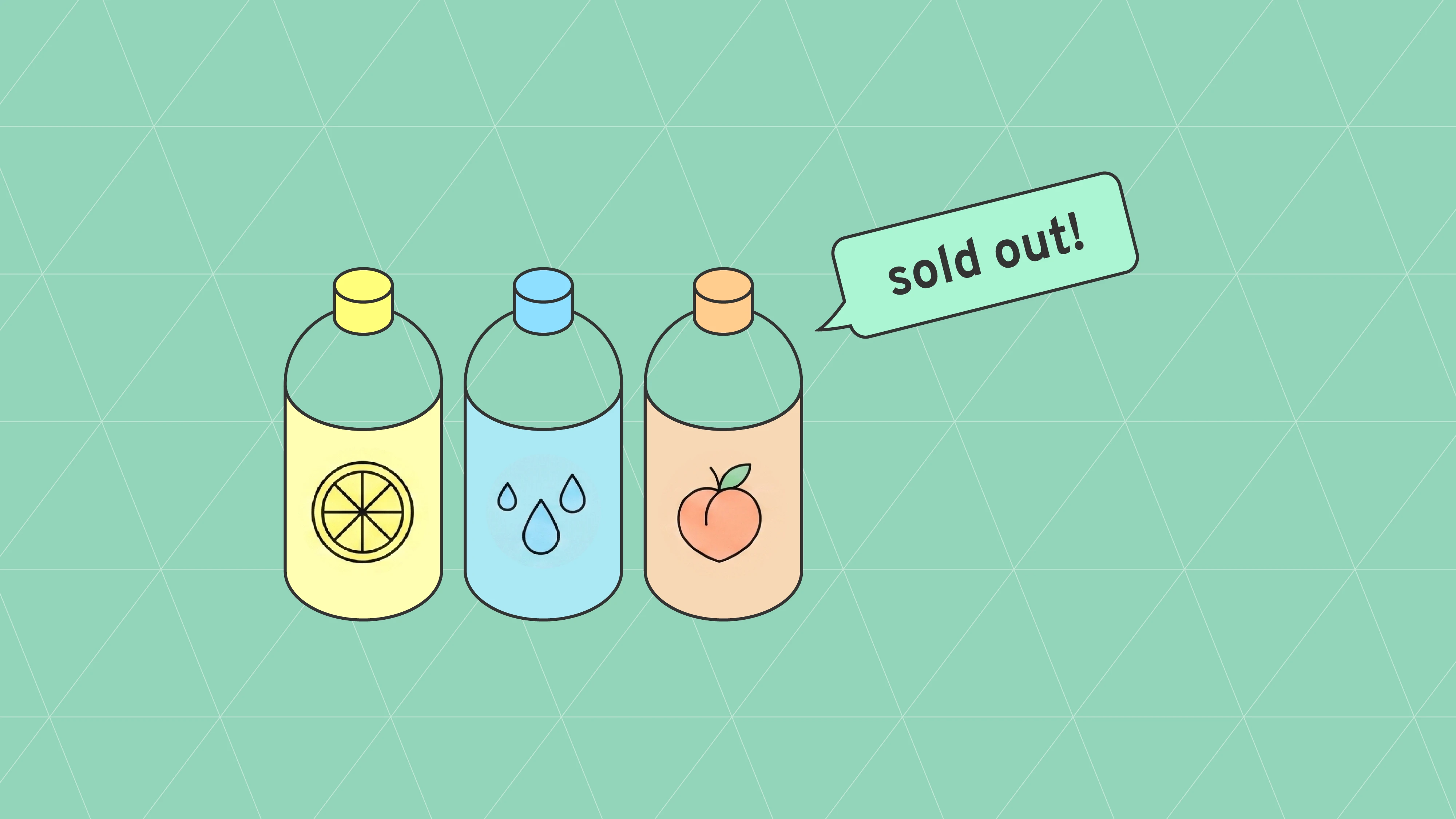 Three illustrated bottles with a "sold out" speech bubble, representing out-of-stock inventory challenges for CPG brands.