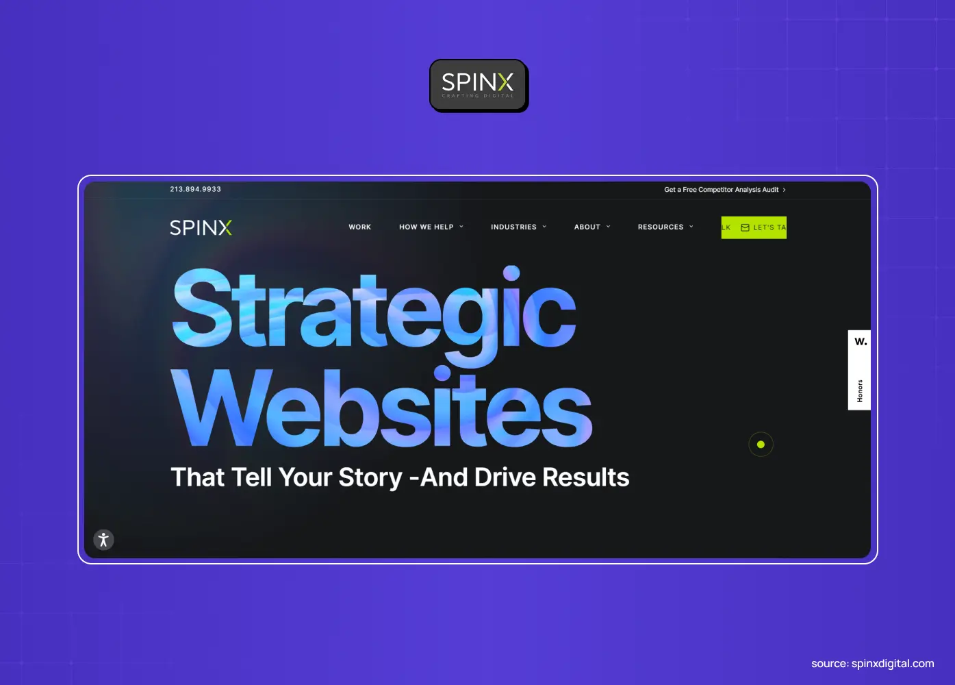 SPINX website featuring the headline “Strategic Websites That Tell Your Story — And Drive Results” in a dark, gradient-accented interface.