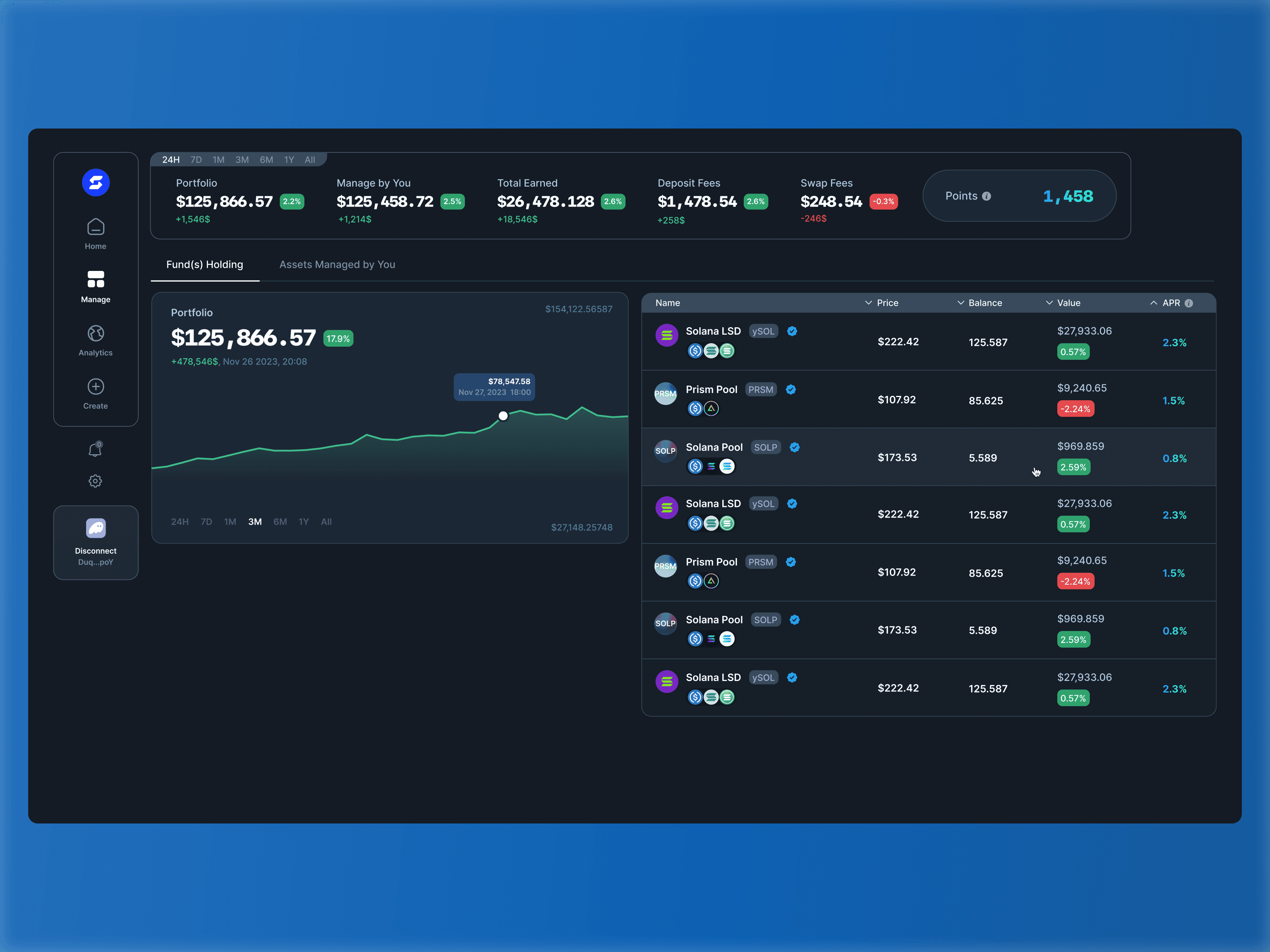 Crypto portfolio dashboard showing growth performance chart