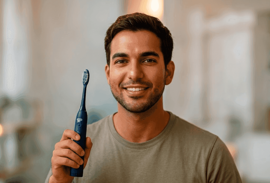 Une femme blonde souriante en chemise blanche présente une brosse à dents électrique bleu marine dans une salle de bain bien éclairée.