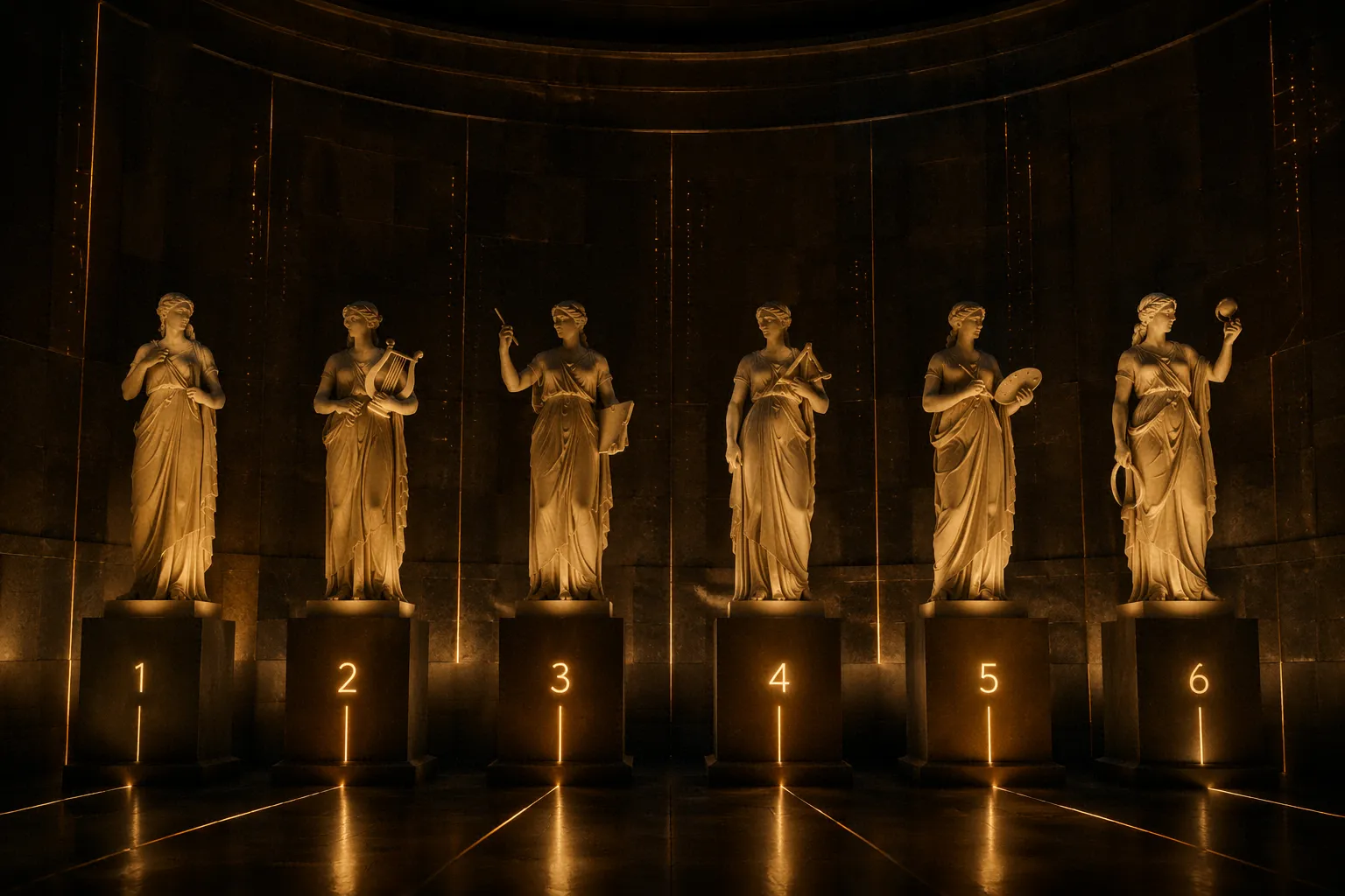 A minimalist cinematic photograph of six imposing, classical Greek-style marble statues of muses, each standing on a separate elevated stone pedestal within a dark, ritualistic underground temple space