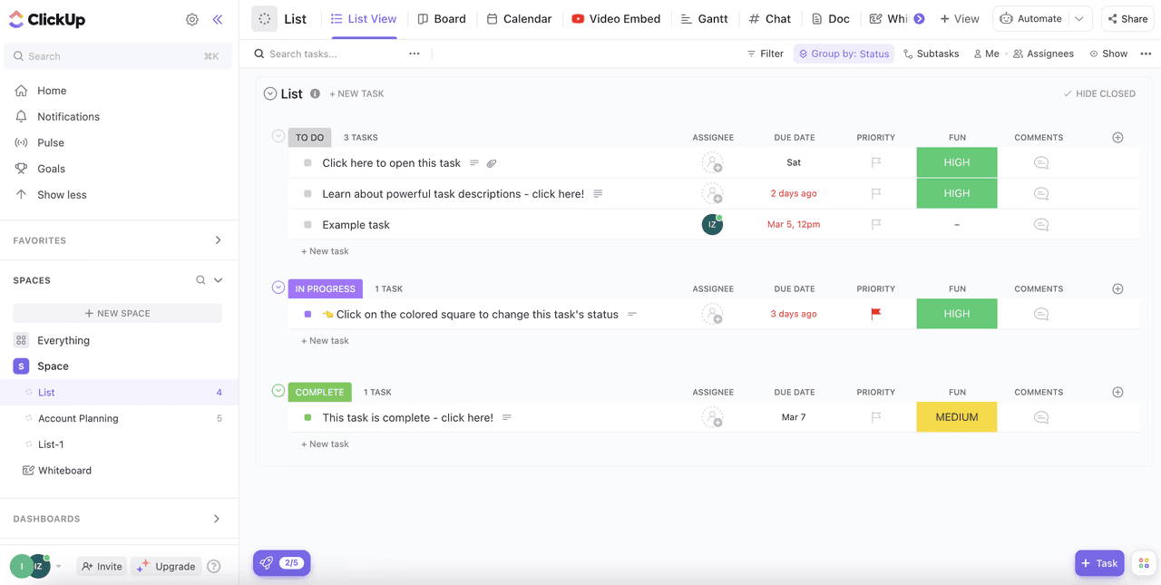 Clickup’s interface in list view for organizing tasks