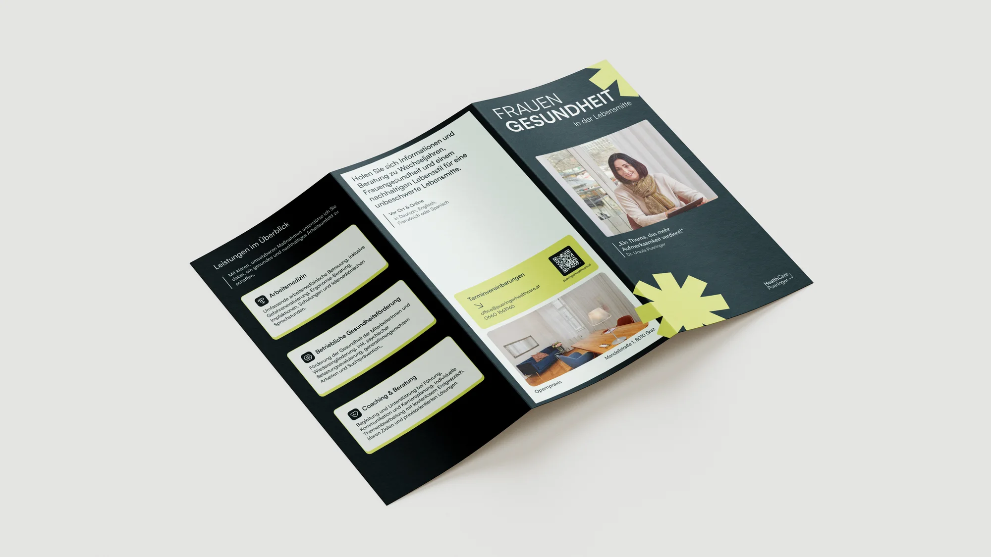 Ein Bild von einem Flyer von HealthCare Pueringer auf einem grauen Hintergrund.