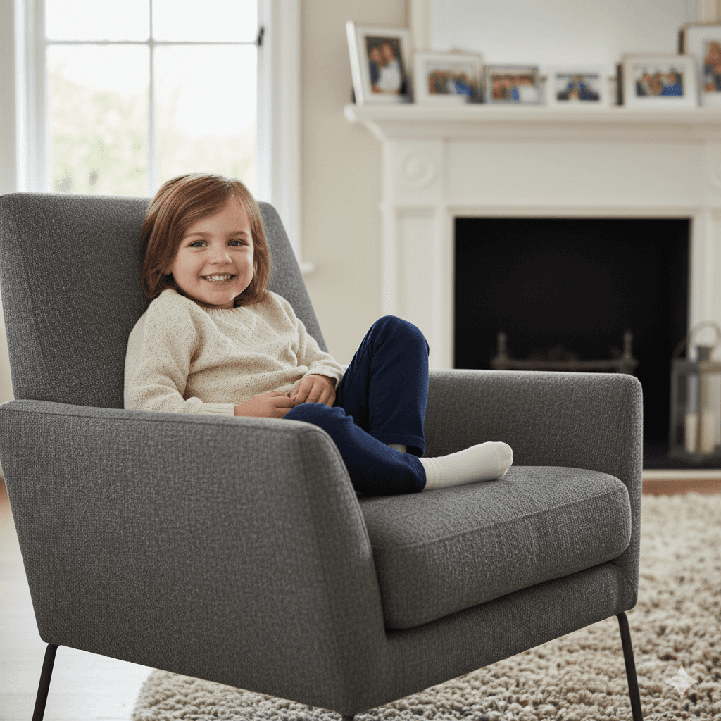 Kind Sitzt lächelnd auf frisch gereinigtem Stuhl