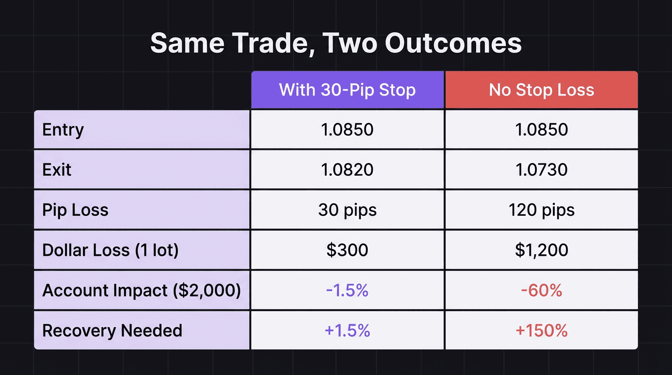 Comparison table showing the outcome of the same EUR/USD trade with and without a stop loss