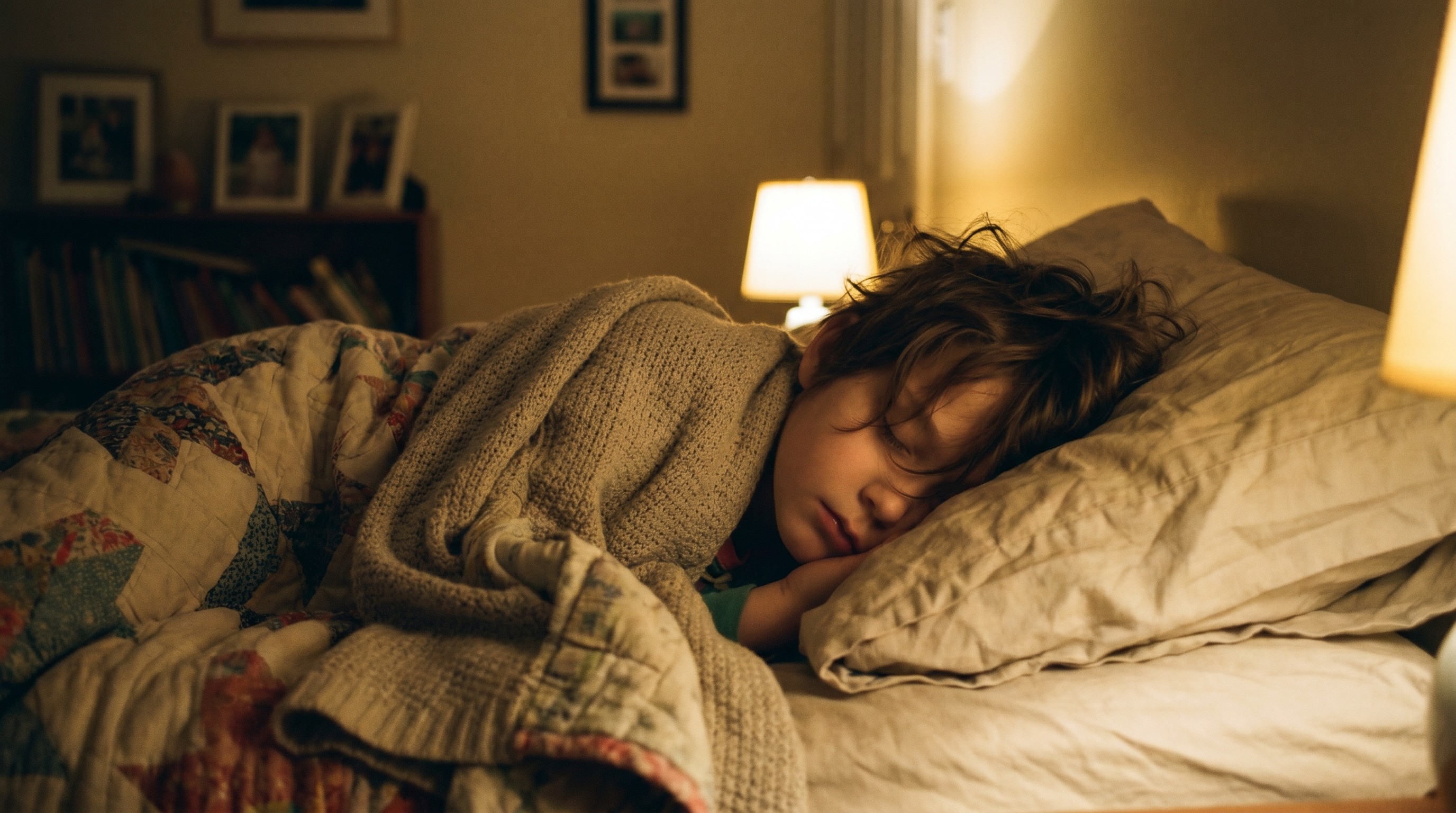 Young child sleeping peacefully in bed at night with soft bedside lamp lighting
