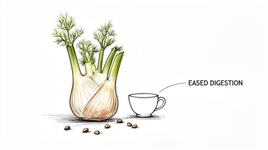 Illustration of a fennel bulb, scattered seeds, and a teacup, indicating 'Eased Digestion'.