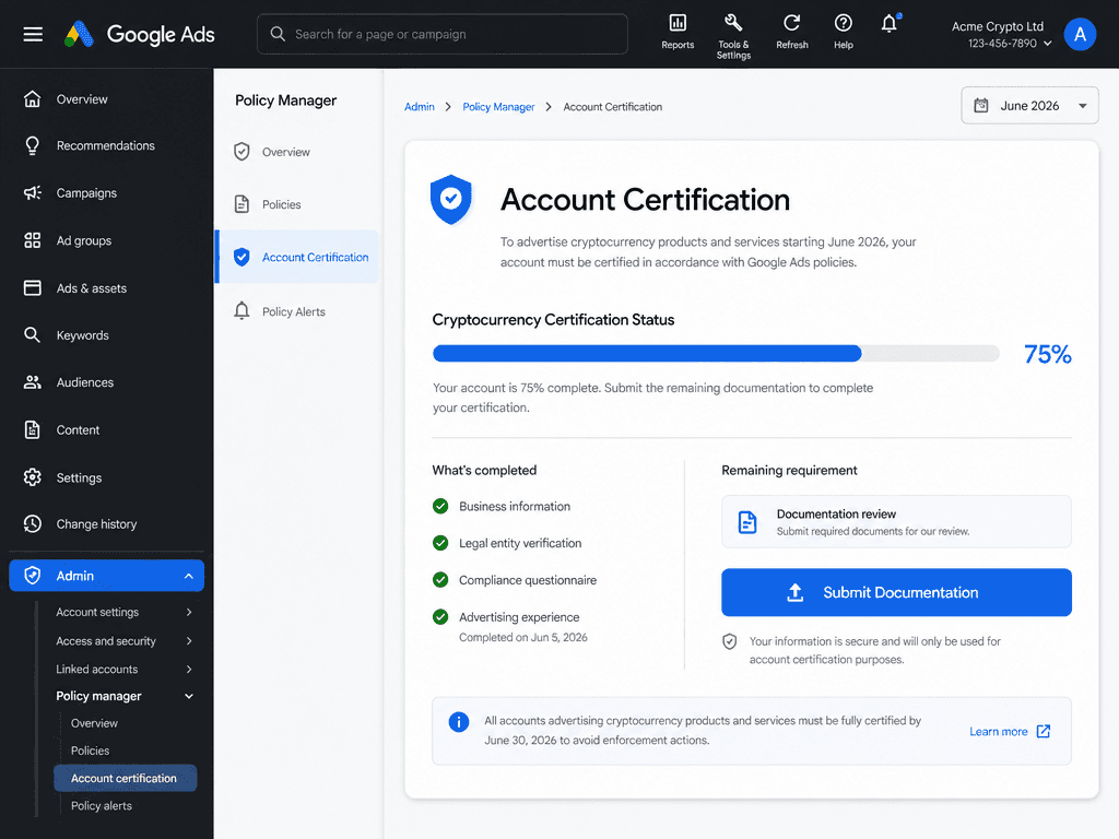 Diagram of the June 2026 Google Ads UI showing the internal certification path through the Admin and Policy Manager menus for crypto ads.