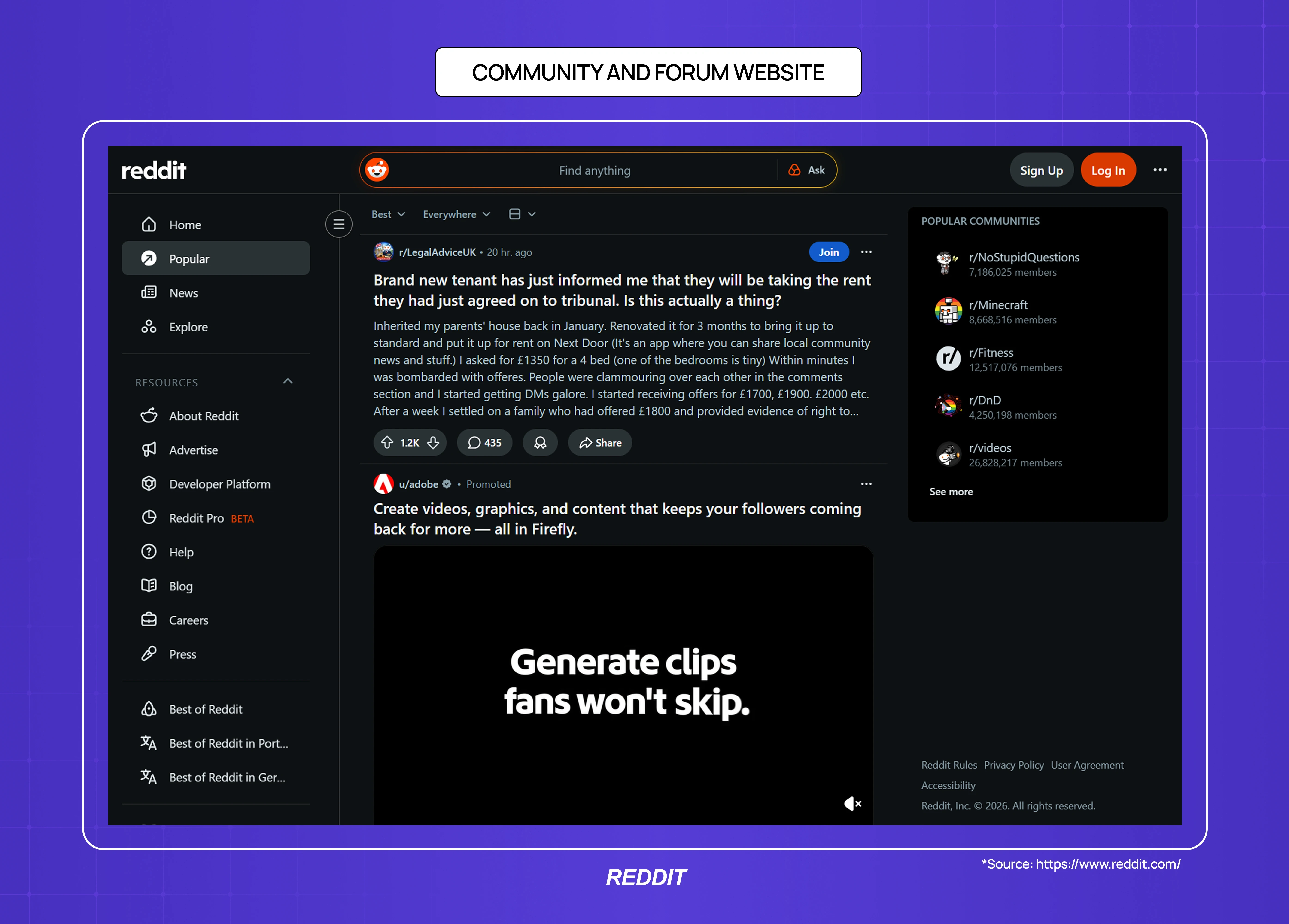 Reddit community and forum website interface with discussion feeds, navigation panels, and popular community sections.