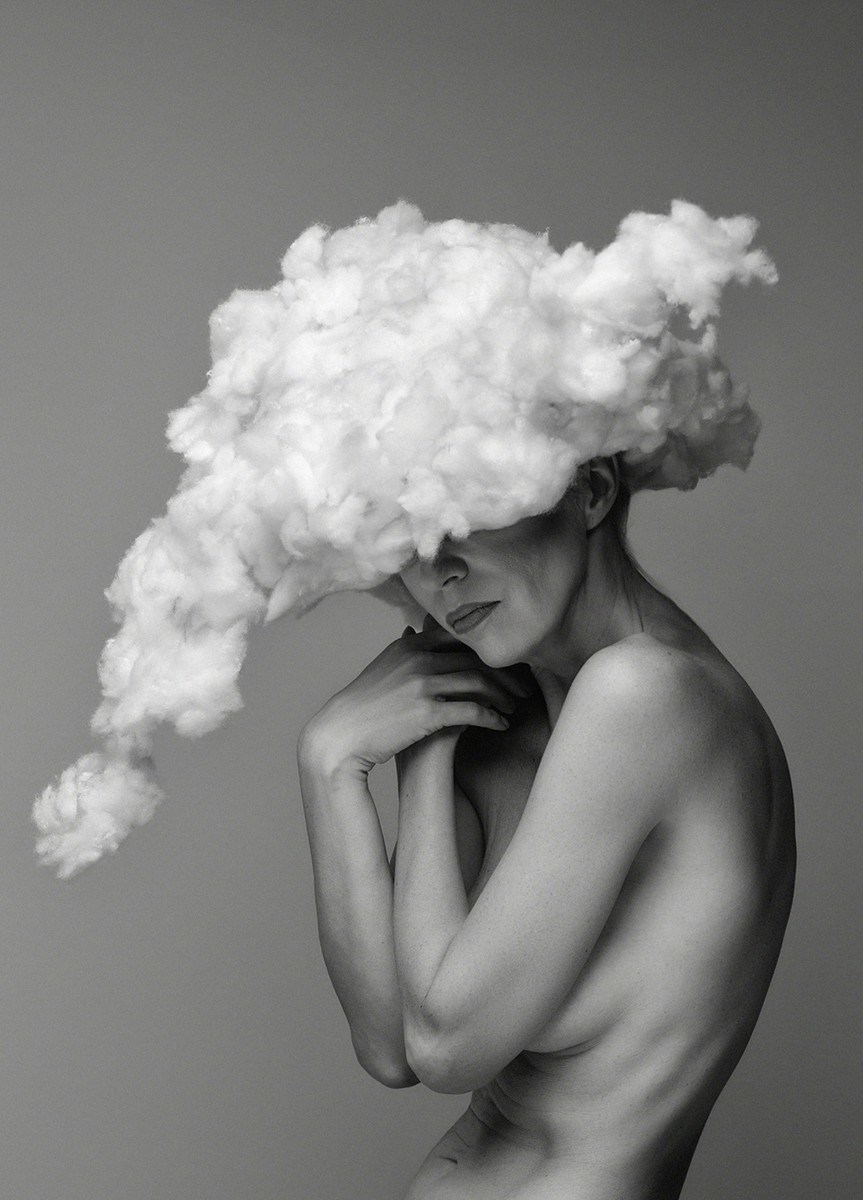 Woman with clouds obscuring her face, emotional fine art black and white portrait — Clouded series by Agnieszka Czyzkowska