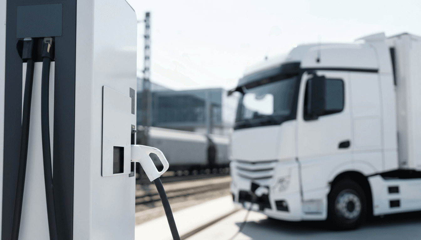 Elektro-Lkw wird an einer Ladesäule vor einer modernen Industriehalle geladen