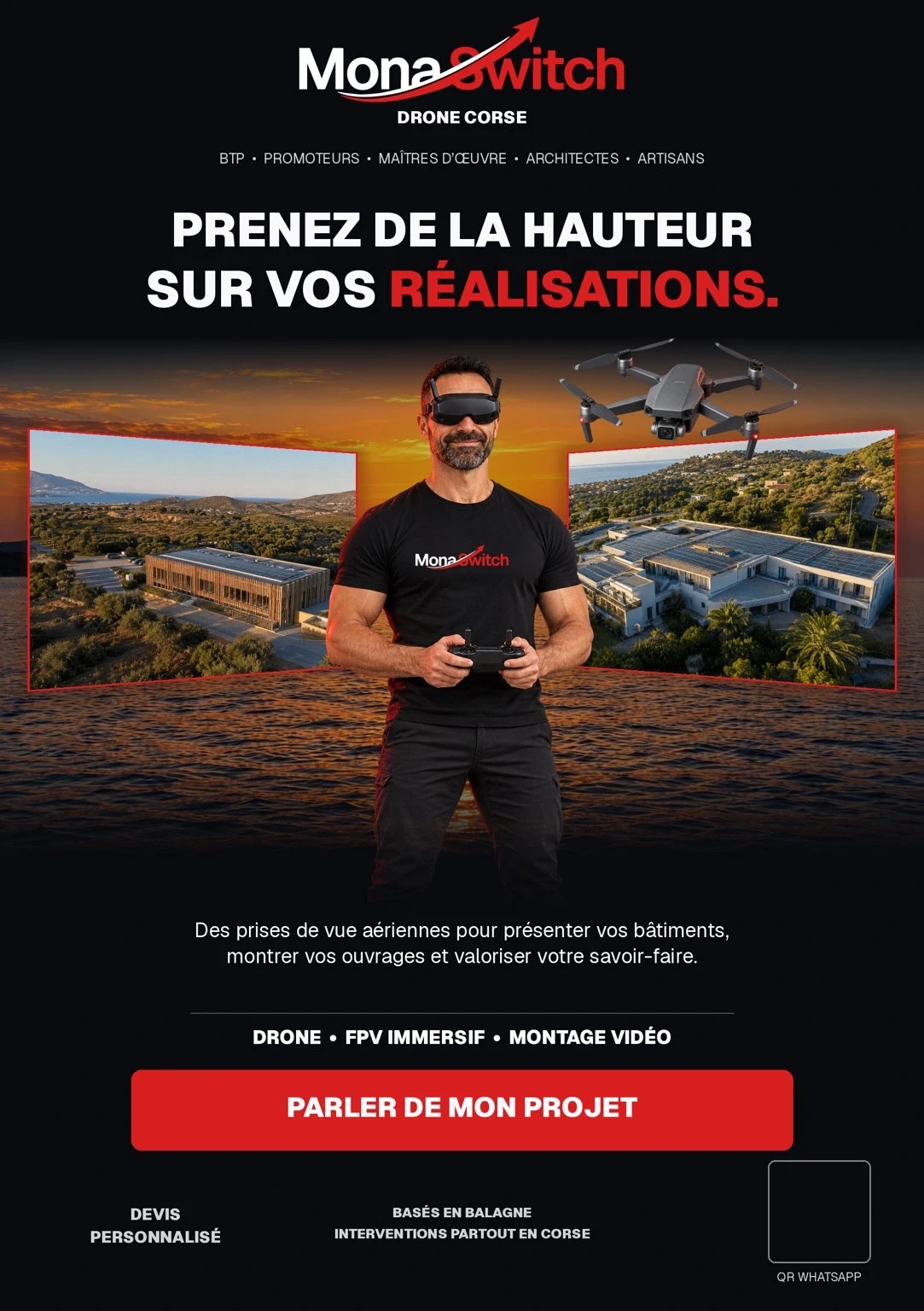 Flyer illustré Drone Corse — BTP & chantiers : « Prenez de la hauteur sur vos réalisations »