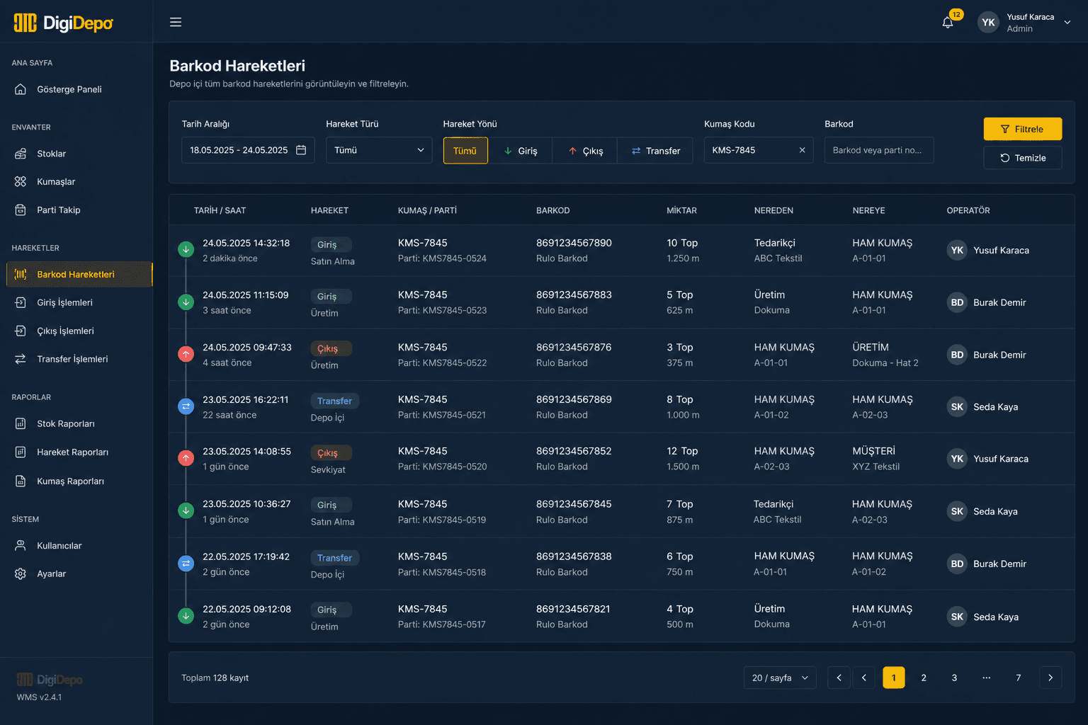DigiDepo barkod hareketleri ekranı — depo giriş çıkış ve transfer kayıtları