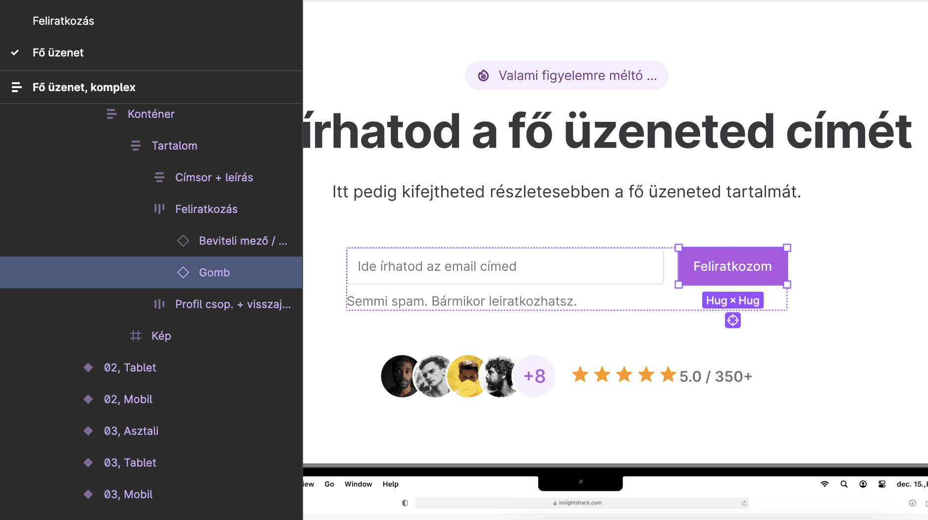 Figma fájl hierarchia a Webes felületi sablon készletben.