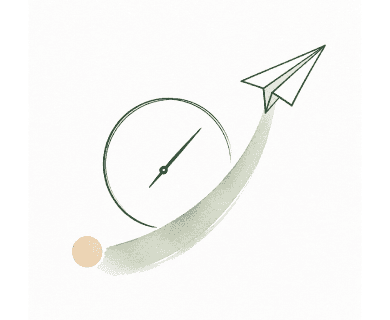 A simple clock face with its hands sweeping a short arc, and a folded paper plane rising past it
