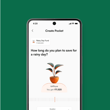 Mobile app interface for a financial savings tool, featuring a sleek UI/UX design by Fika Design Studio. The app helps users create a 'Rainy Day Fund' with clear, user-friendly visuals and interaction design focused on personalized financial planning.