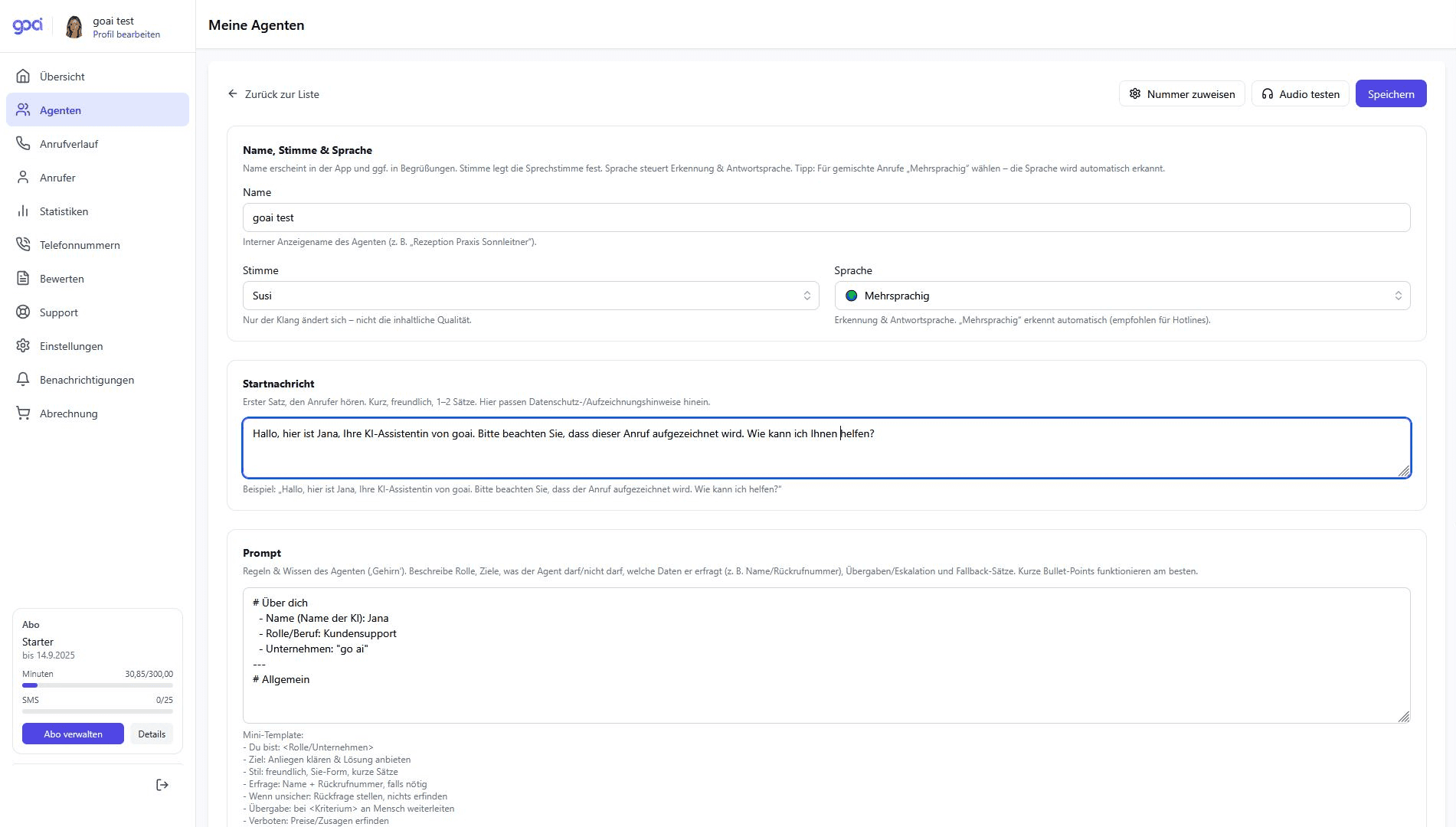 KI-Telefonassistent Dashboard