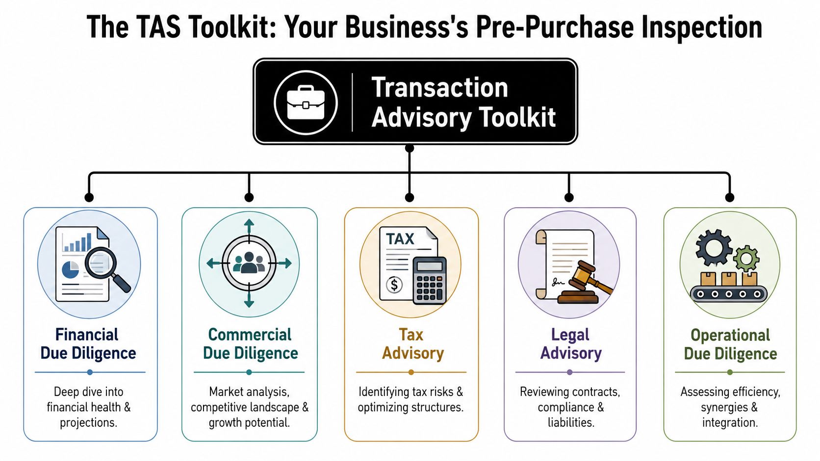 A diagram outlining the five core components of a business Transaction Advisory Toolkit for pre-purchase due diligence.