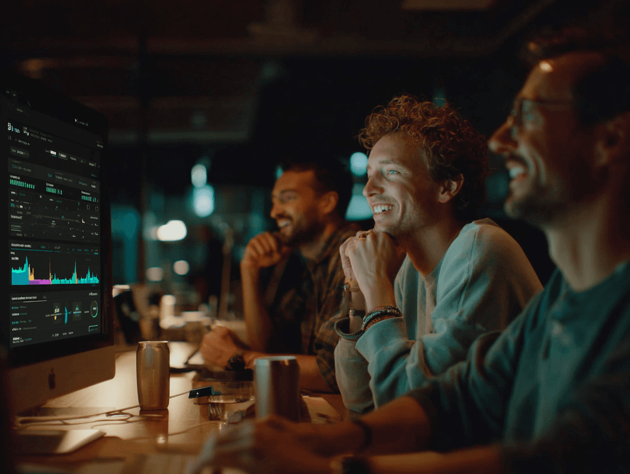 A founder team huddled around a glowing screen looking happy