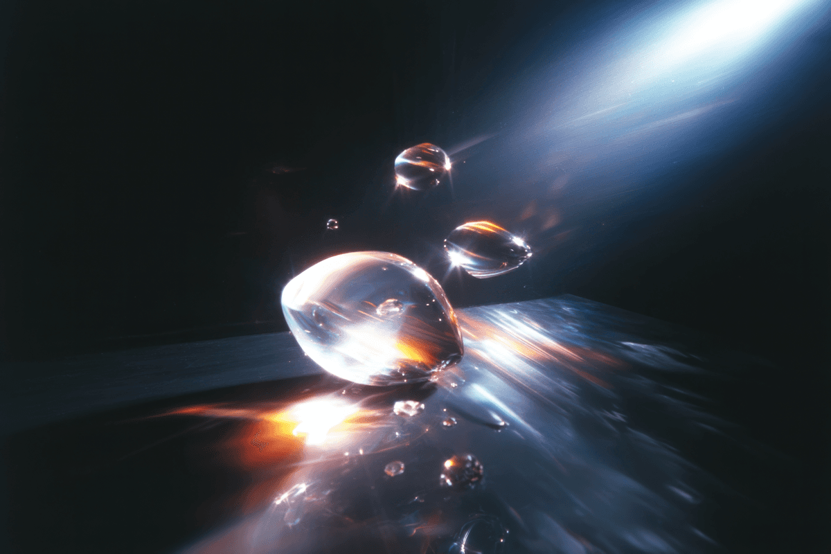 Suspended water droplets refract light into vibrant colors against a dark background, creating a stunning, ethereal visual effect.