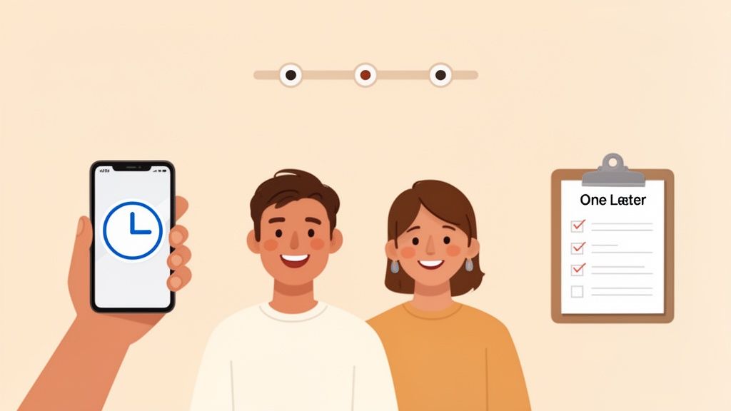 Illustration of a hand holding a smartphone with a clock, two happy people, and a task checklist.