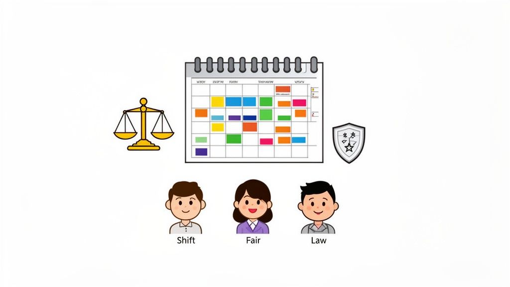 An illustration showing a calendar shift schedule, scales of justice, a shield, and three employees.