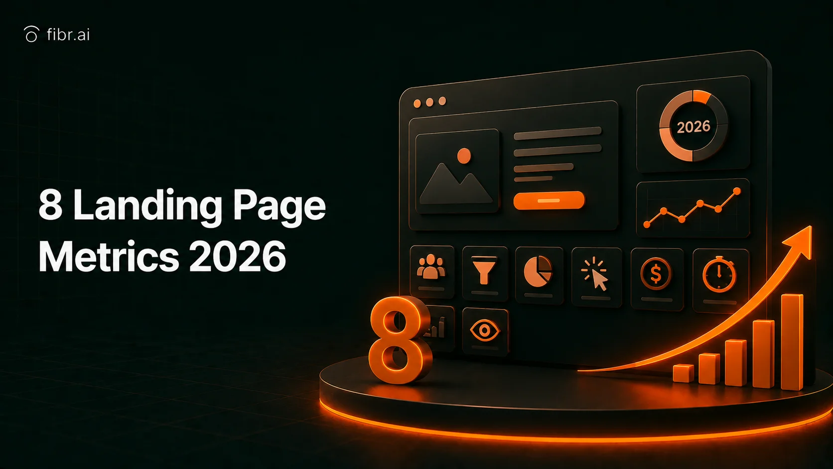 Dashboard displaying key landing page metrics for 2026, including conversion rate, bounce rate, CTR, engagement time, scroll depth, and lead generation analytics.
