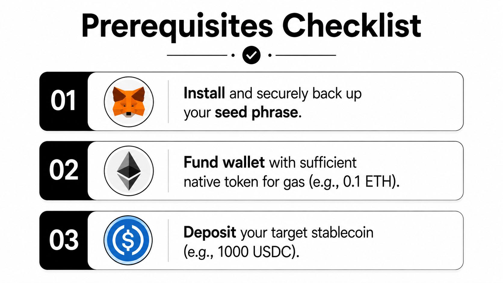 A three-step checklist for setting up a crypto wallet for yield farming, including installation, funding, and deposits.
