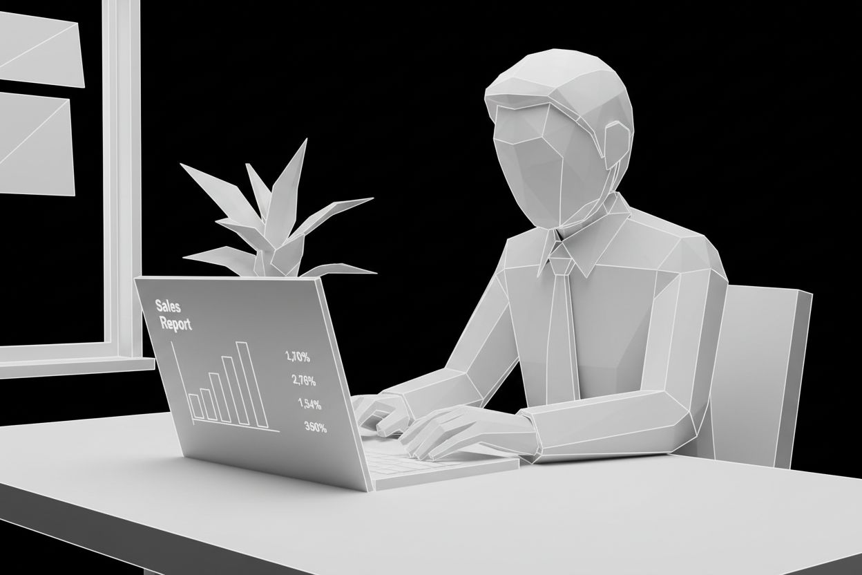 Empresario revisando un informe de ventas en una laptop