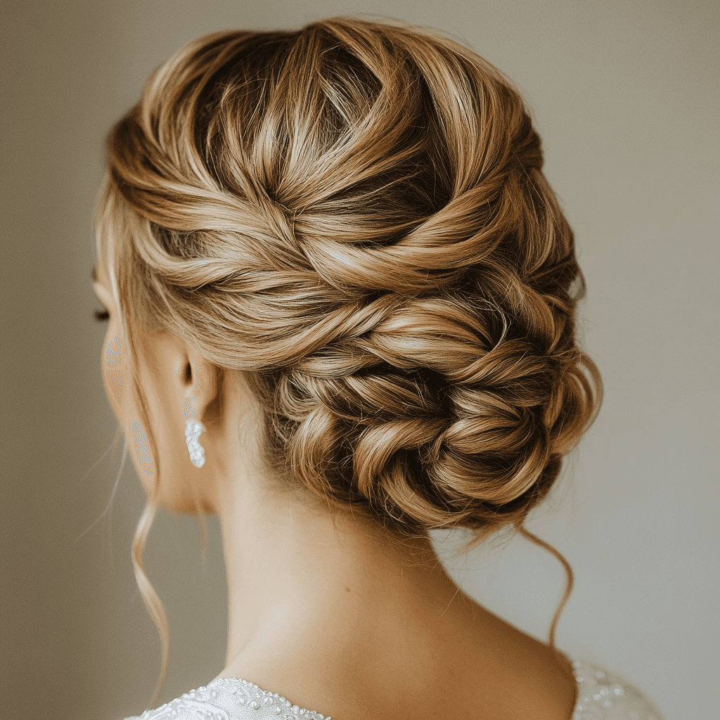 Feminine Brautfrisur für graublonde Haare, die mit einer modernen Hochsteckfrisur und sanften Locken für einen eleganten Look sorgt.