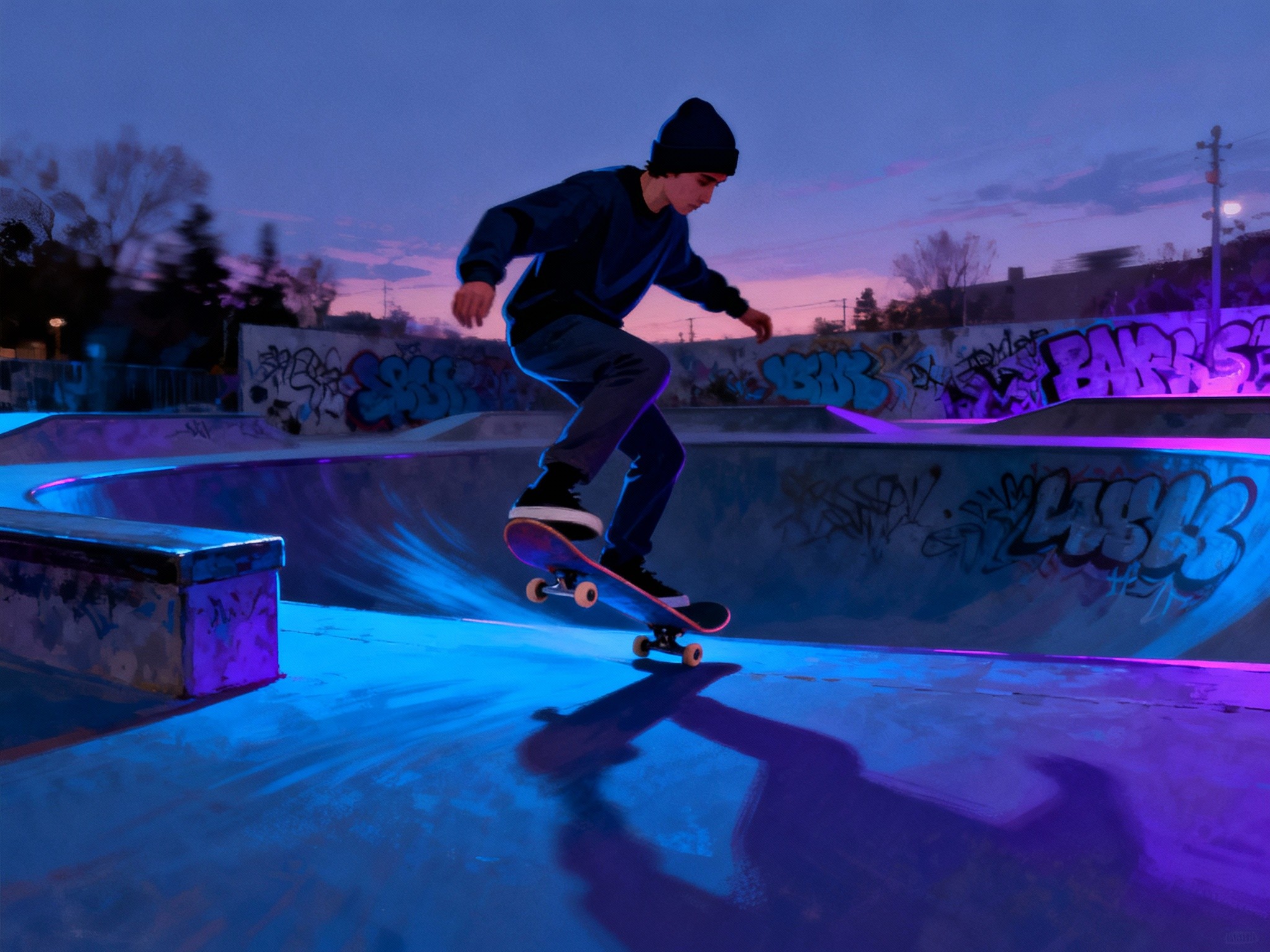 A cinematic dusk scene in a bustling urban skate park framed in a wide landscape composition