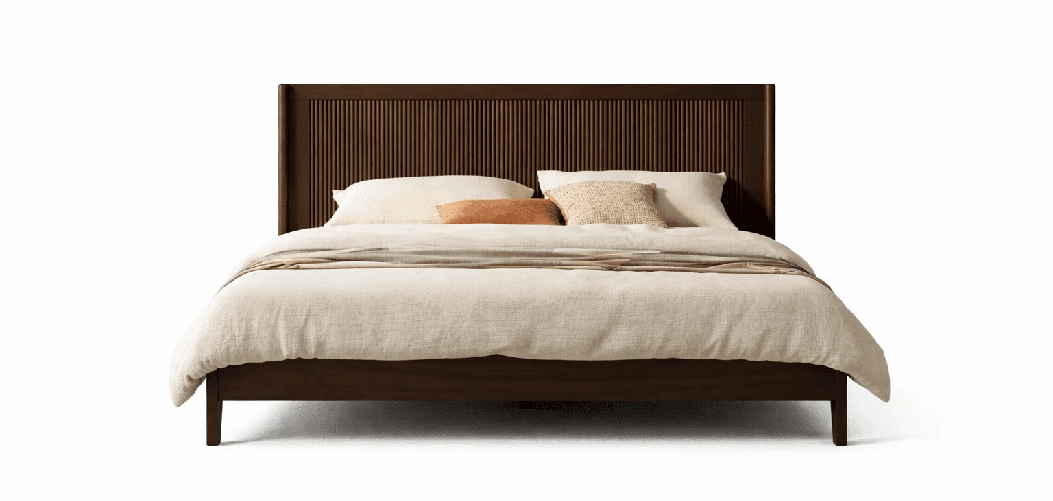 Upholstered wooden bed with paneled headboard, clean edges, and balanced proportions