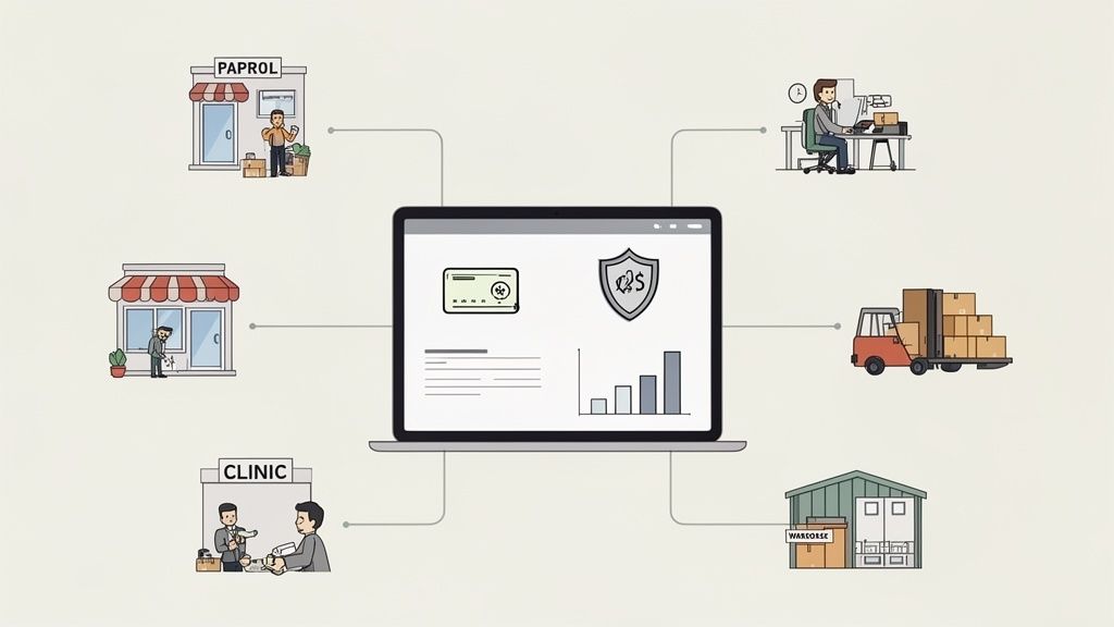 Digital platform connecting diverse business functions: payroll, retail, clinic, office, logistics, and warehouse management.