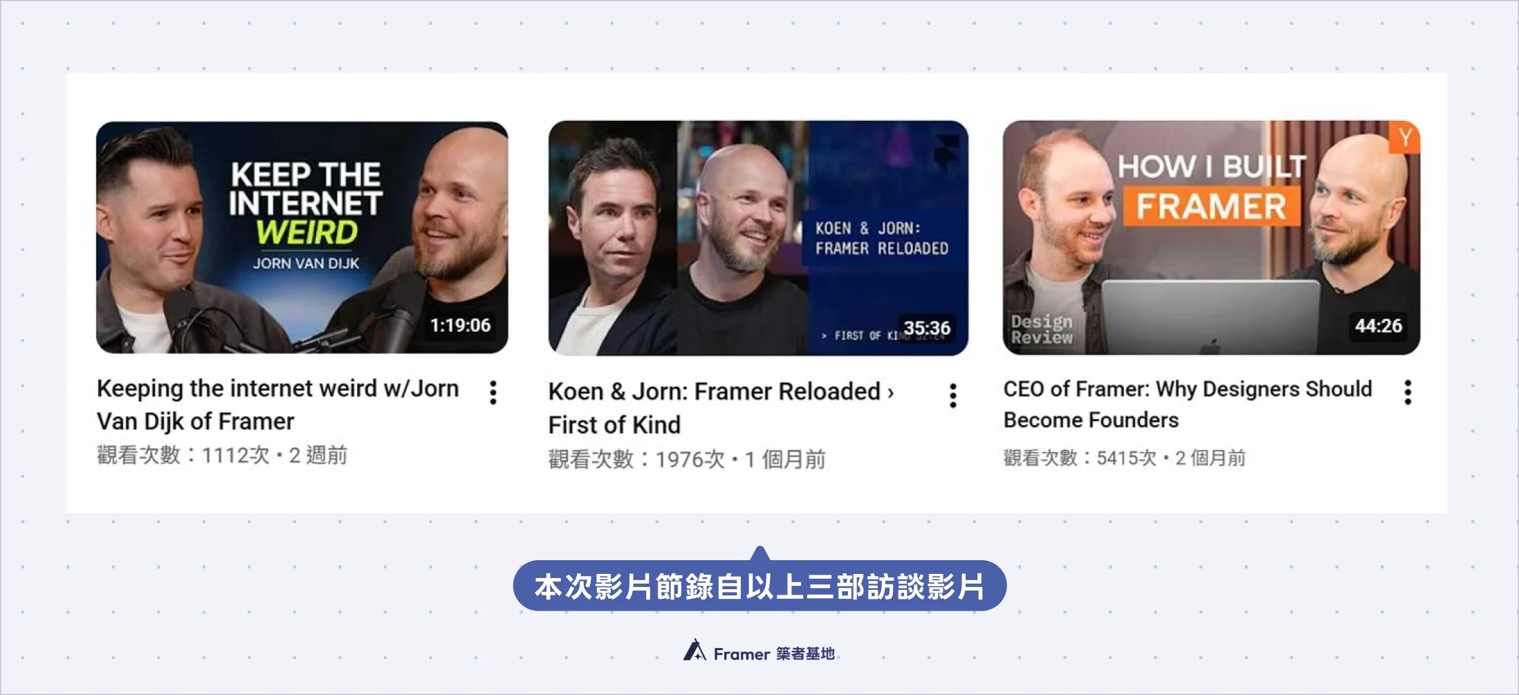 三部關於 Framer 創辦人的 YouTube 訪談影片封面截圖。