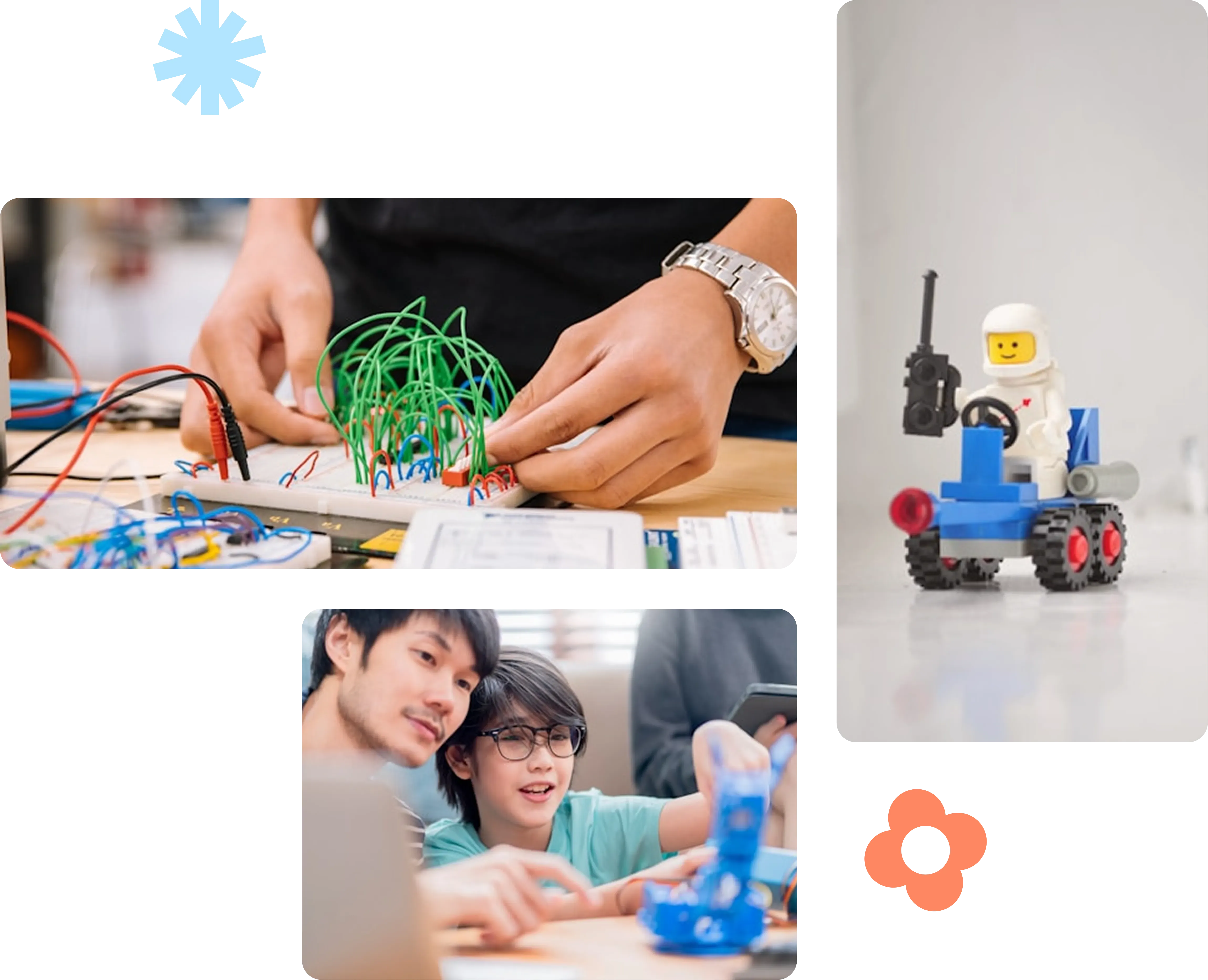 In a collaborative STEM classroom setting, students engage in hands-on robotics and circuitry projects, with close-up views of intricate wiring and playful LEGO robots.