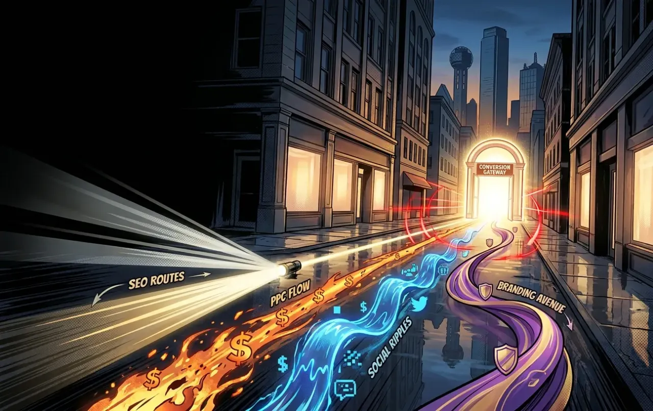 RockN' Socials Digital Marketing Agency visualization: paths to Conversion Gateway.